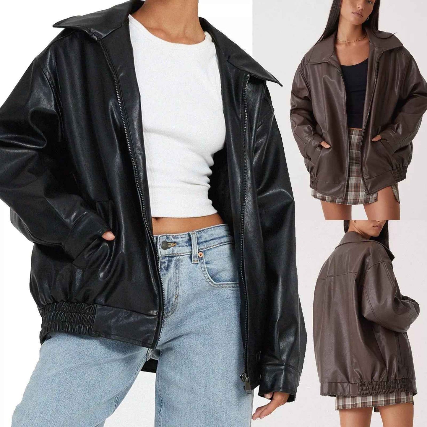 Veste en cuir style motard européenne et américaine coupe ample pour femme (printemps et automne)