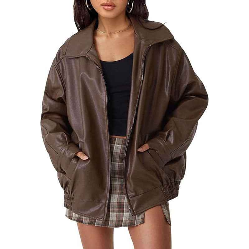 Veste en cuir style motard européenne et américaine coupe ample pour femme (printemps et automne)