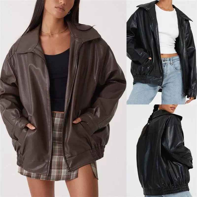Veste en cuir style motard européenne et américaine coupe ample pour femme (printemps et automne)