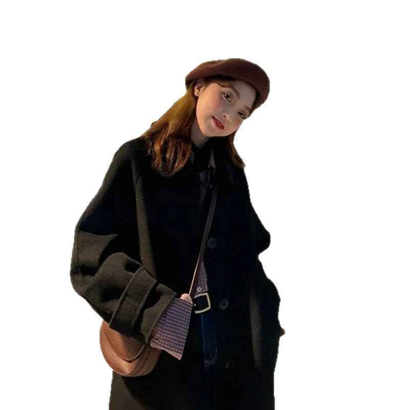 Manteau noir en laine style Hepburn pour femme – automne et hiver