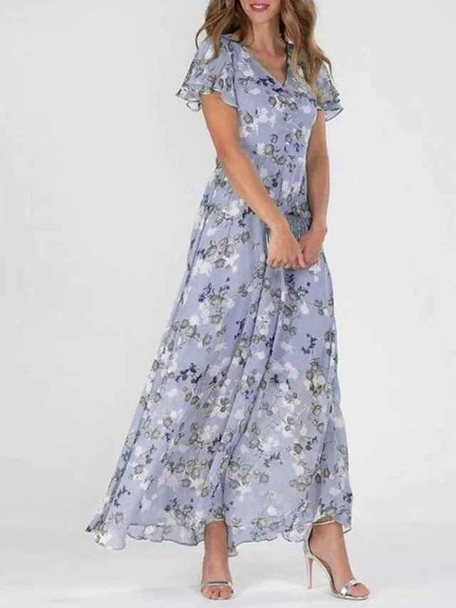 Floréane® | Robe Longue Évasée à Imprimé Floral et Manches Volantes