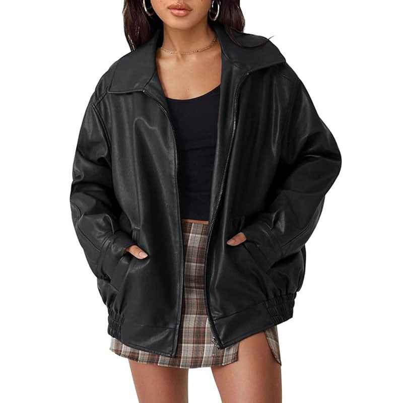 Veste en cuir style motard européenne et américaine coupe ample pour femme (printemps et automne)