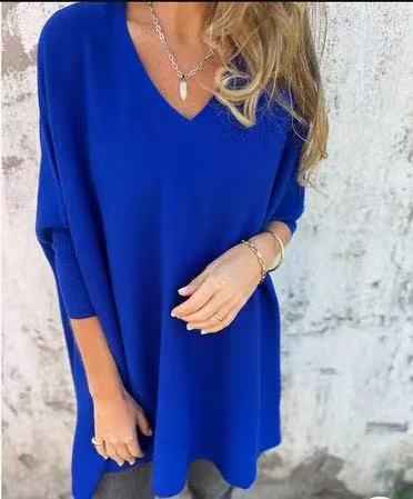 Chemise longue en maille à manches longues et col en V pour femme