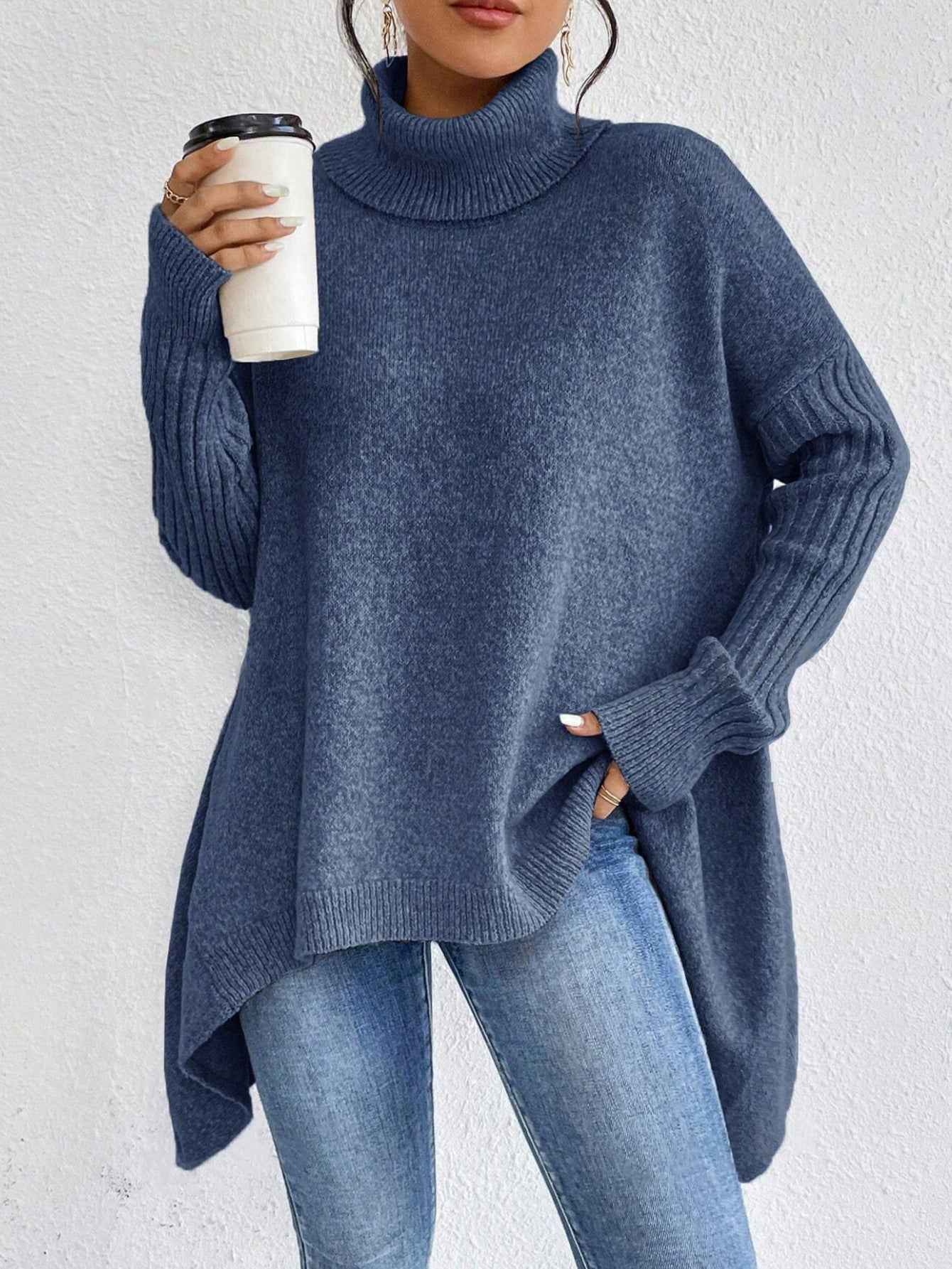Irregular Turtleneck Sweater Winter Loose Long Sleeve Knitted Tops Leisure Warm Pullover Sweater Women's Clothing - parlezmode.com