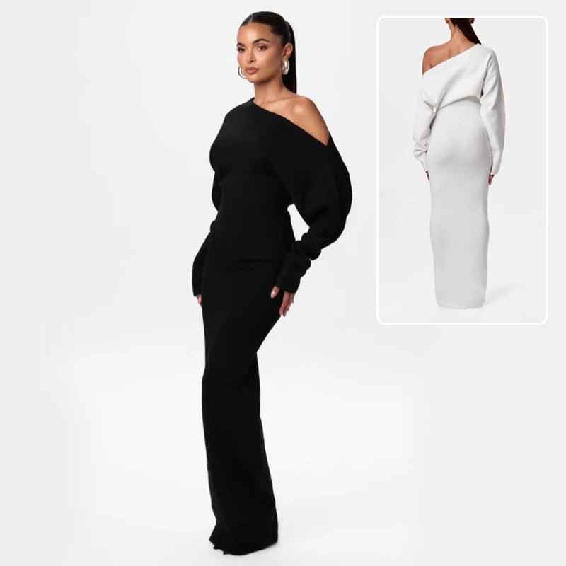Ins Slim Long Sleeve Knitted Dress Evening Party Sexy Off-shoulder Bodycon Long Dresses