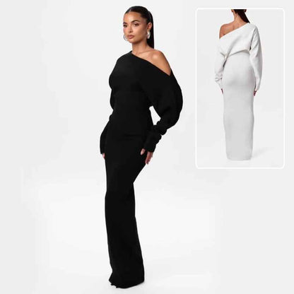 Ins Slim Long Sleeve Knitted Dress Evening Party Sexy Off-shoulder Bodycon Long Dresses