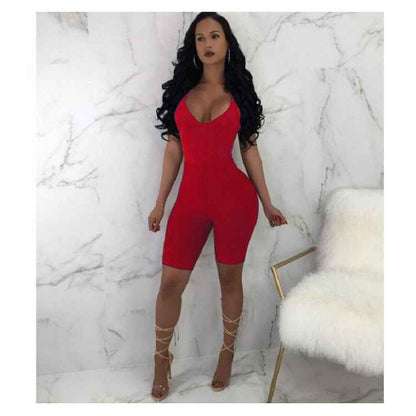 Women Sexy Sleeveless Strap V-neck Stretch Jumpsuit Romper Short Biker Shorts Bodysuit Leotard Backless Hollow Out Bodysuit Hot