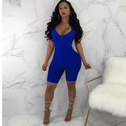 Women Sexy Sleeveless Strap V-neck Stretch Jumpsuit Romper Short Biker Shorts Bodysuit Leotard Backless Hollow Out Bodysuit Hot