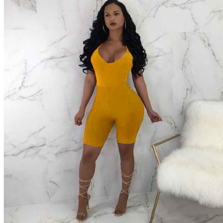 Women Sexy Sleeveless Strap V-neck Stretch Jumpsuit Romper Short Biker Shorts Bodysuit Leotard Backless Hollow Out Bodysuit Hot