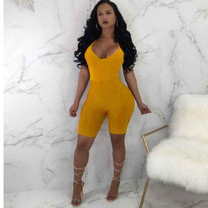 Women Sexy Sleeveless Strap V-neck Stretch Jumpsuit Romper Short Biker Shorts Bodysuit Leotard Backless Hollow Out Bodysuit Hot