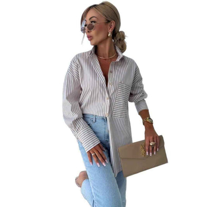 Spring Summer Long Sleeve Lapel Shirt Striped Print Lapel Shirt With Irregular Hem Button Placket Casual Loose Women's Blouses
