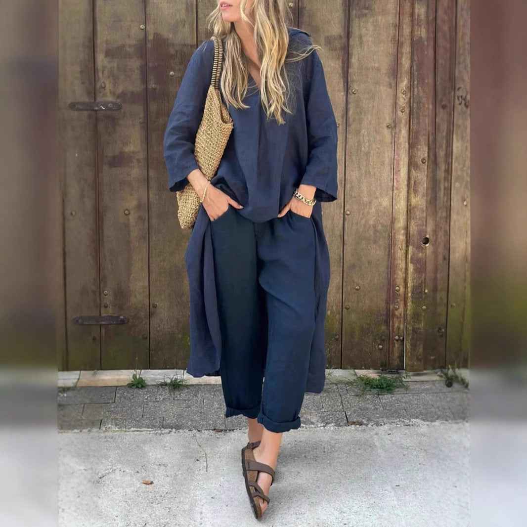 Nivalora® | Ensemble Décontracté Élégant 2 Pièces Col V & Pantalon Large - parlezmode.com