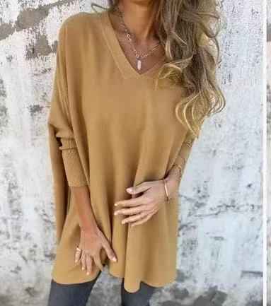 Chemise longue en maille à manches longues et col en V pour femme - parlezmode.com