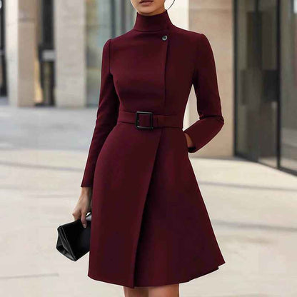 Women's Stand Collar Long Sleeve Dress, Elegant High Waist Belted Midi Dress, Slim Fit Office Formal Dress - parlezmode.com