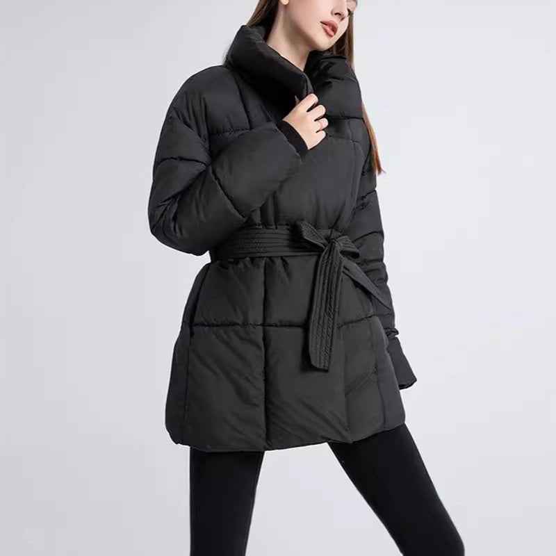 Winter Plaid Sewing Lapel Coat With Lace-up Design Fashion Loose Solid Thick Jacket Outerwear Women's Clothing