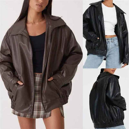 Veste en cuir style motard européenne et américaine coupe ample pour femme (printemps et automne)