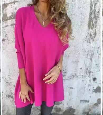 Chemise longue en maille à manches longues et col en V pour femme - parlezmode.com