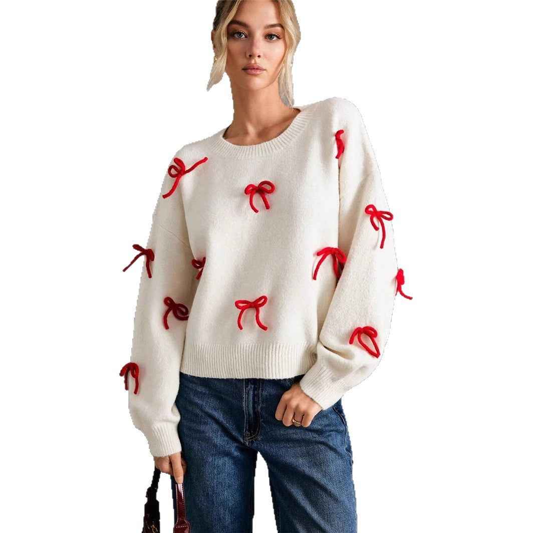 Red Bow Decoration Loose Crew Neck Pullover Sweater Women - parlezmode.com