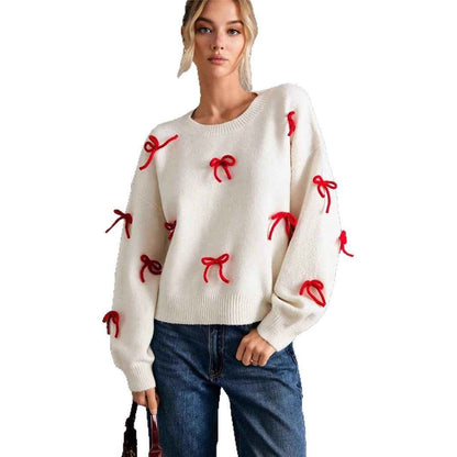 Red Bow Decoration Loose Crew Neck Pullover Sweater Women - parlezmode.com