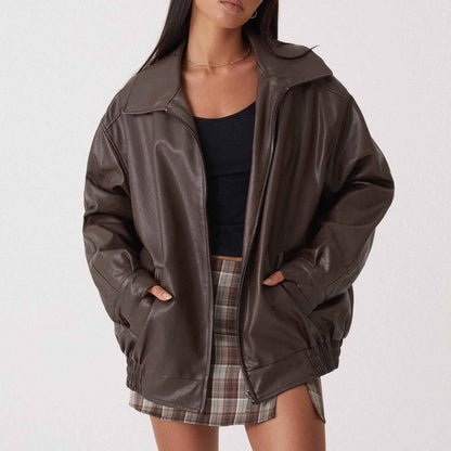 Veste en cuir style motard européenne et américaine coupe ample pour femme (printemps et automne)