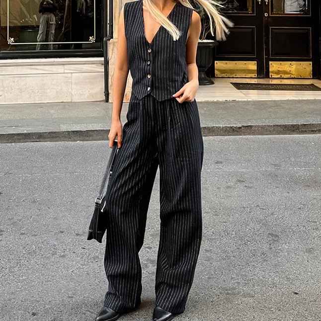 Striped Sleeveless Waistcoat Vest Trousers Suit Women
