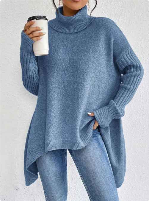 Irregular Turtleneck Sweater Winter Loose Long Sleeve Knitted Tops Leisure Warm Pullover Sweater Women's Clothing - parlezmode.com