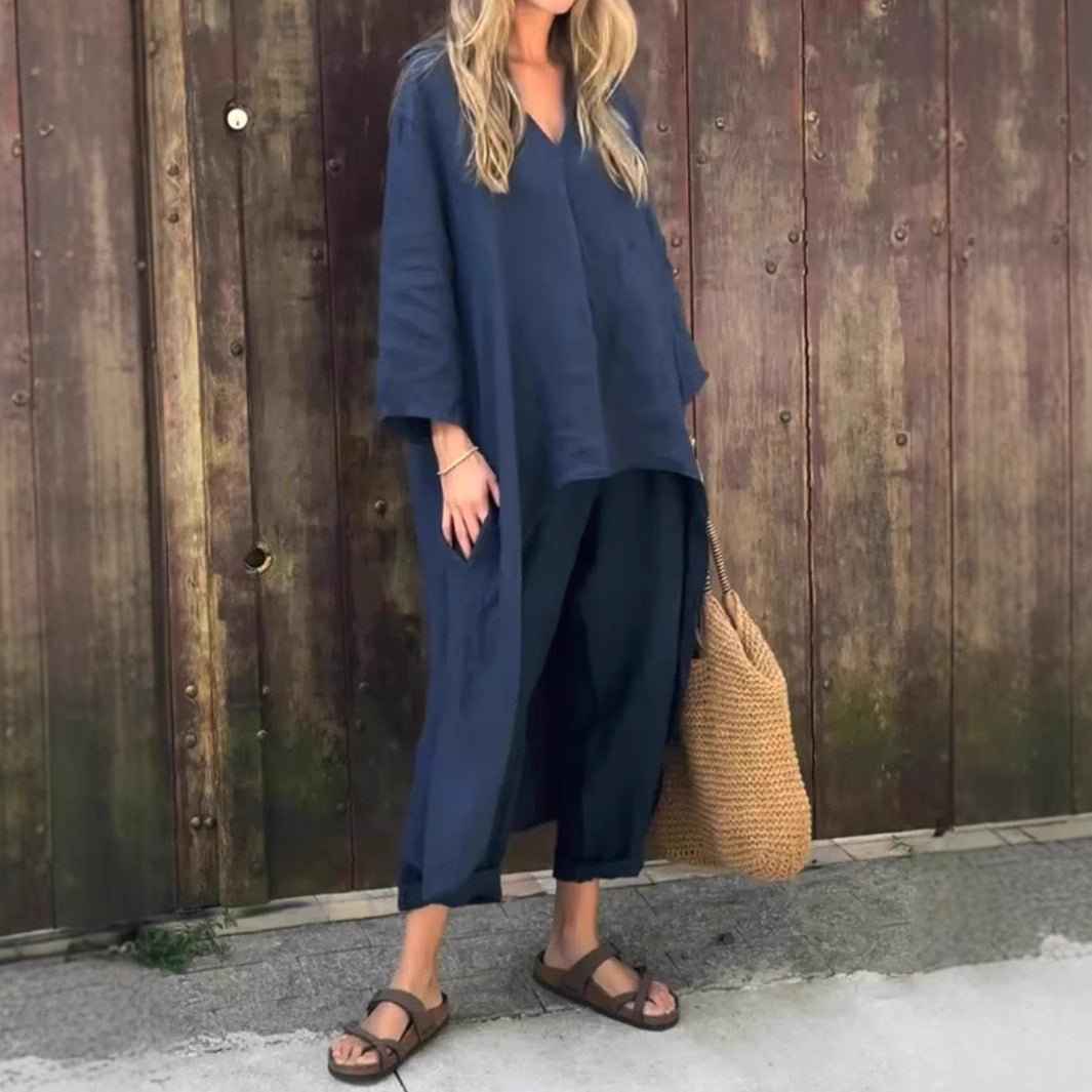 Nivalora® | Ensemble Décontracté Élégant 2 Pièces Col V & Pantalon Large