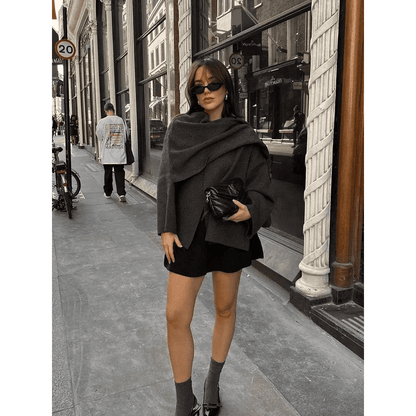 Sienna® | Manteau Tricoté Femme avec Écharpe Asymétrique - parlezmode.com