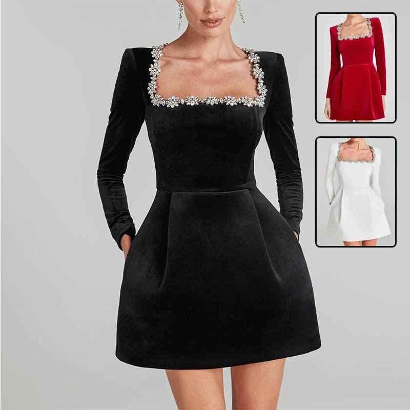 Christmas Elegant Square Neck Long-sleeved Dress With Flowers Rhinestone Design Fashion A-line Short Dresses Spring Clothing For Women