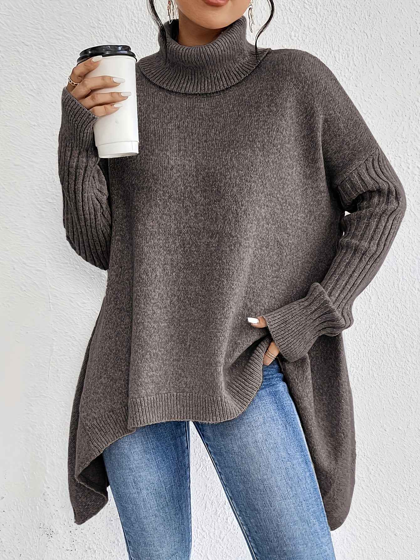 Irregular Turtleneck Sweater Winter Loose Long Sleeve Knitted Tops Leisure Warm Pullover Sweater Women's Clothing - parlezmode.com