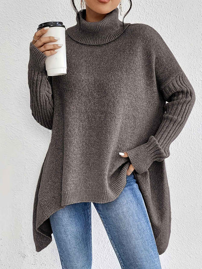 Irregular Turtleneck Sweater Winter Loose Long Sleeve Knitted Tops Leisure Warm Pullover Sweater Women's Clothing - parlezmode.com