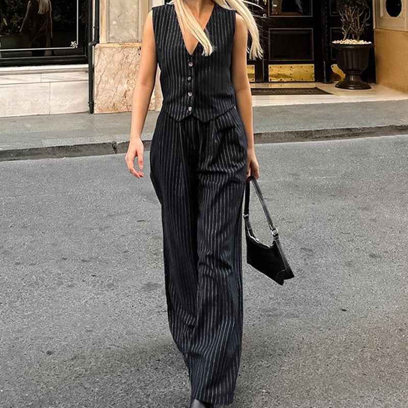 Striped Sleeveless Waistcoat Vest Trousers Suit Women