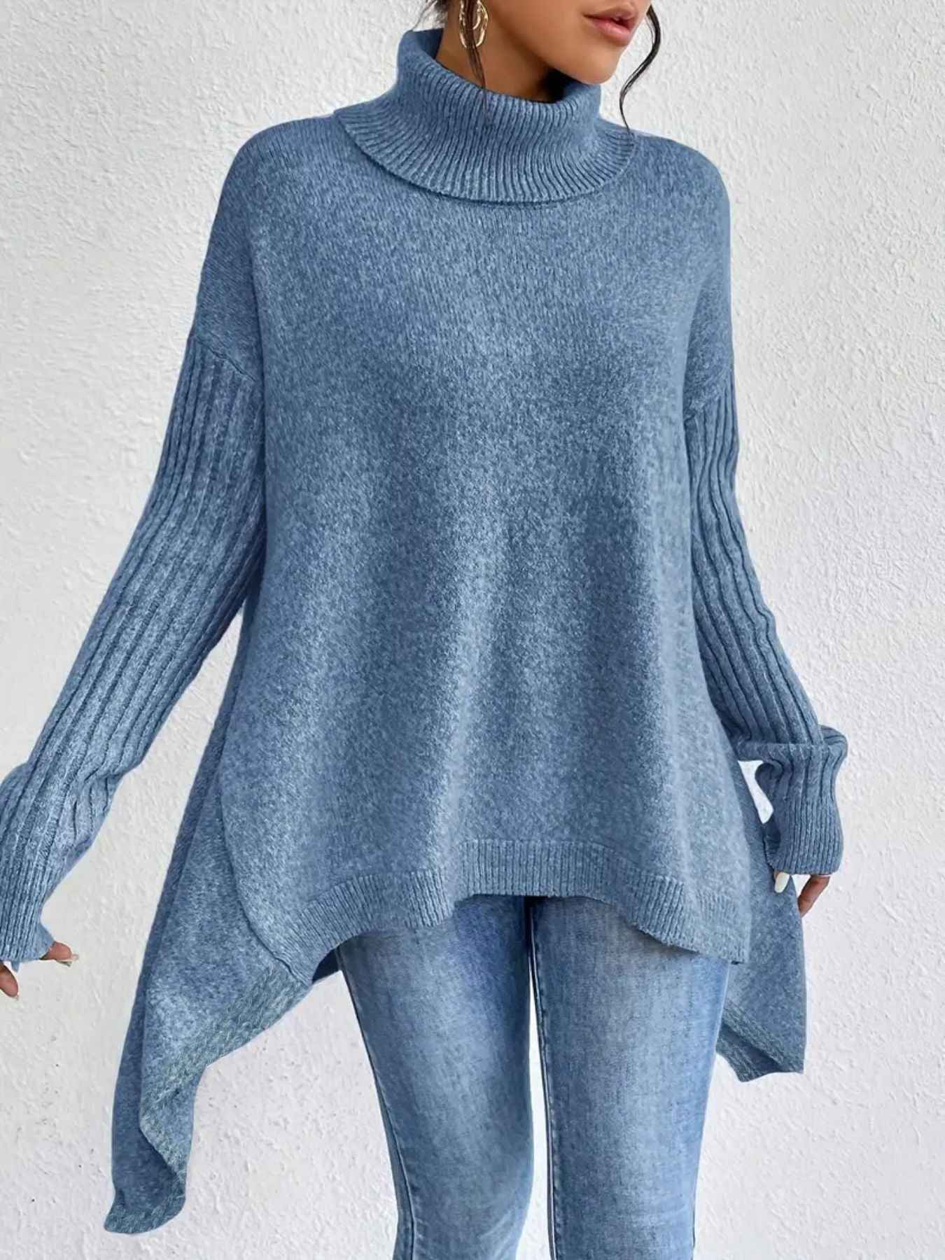 Irregular Turtleneck Sweater Winter Loose Long Sleeve Knitted Tops Leisure Warm Pullover Sweater Women's Clothing - parlezmode.com