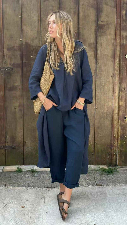 Nivalora® | Ensemble Décontracté Élégant 2 Pièces Col V & Pantalon Large