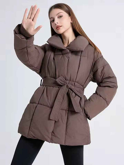 Winter Plaid Sewing Lapel Coat With Lace-up Design Fashion Loose Solid Thick Jacket Outerwear Women's Clothing
