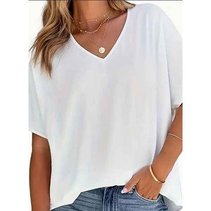 Solid Versatile Blouse, Casual V Neck Short Sleeve Blouse, Women's Clothing - parlezmode.com