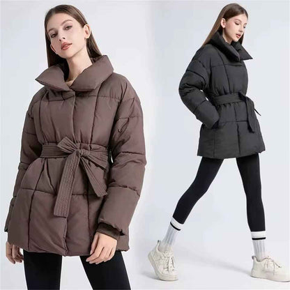 Winter Plaid Sewing Lapel Coat With Lace-up Design Fashion Loose Solid Thick Jacket Outerwear Women's Clothing