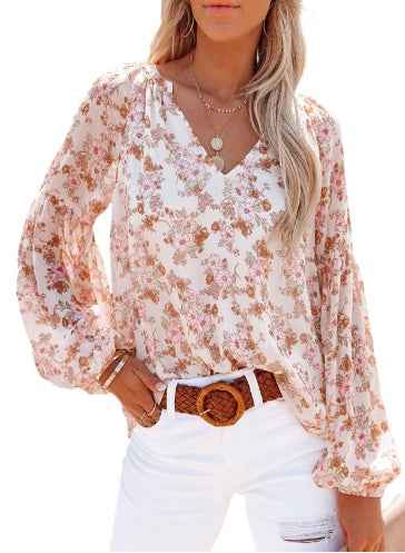 Women's Chiffon Blouse With Lantern Sleeves Floral Chiffon Blouse - parlezmode.com