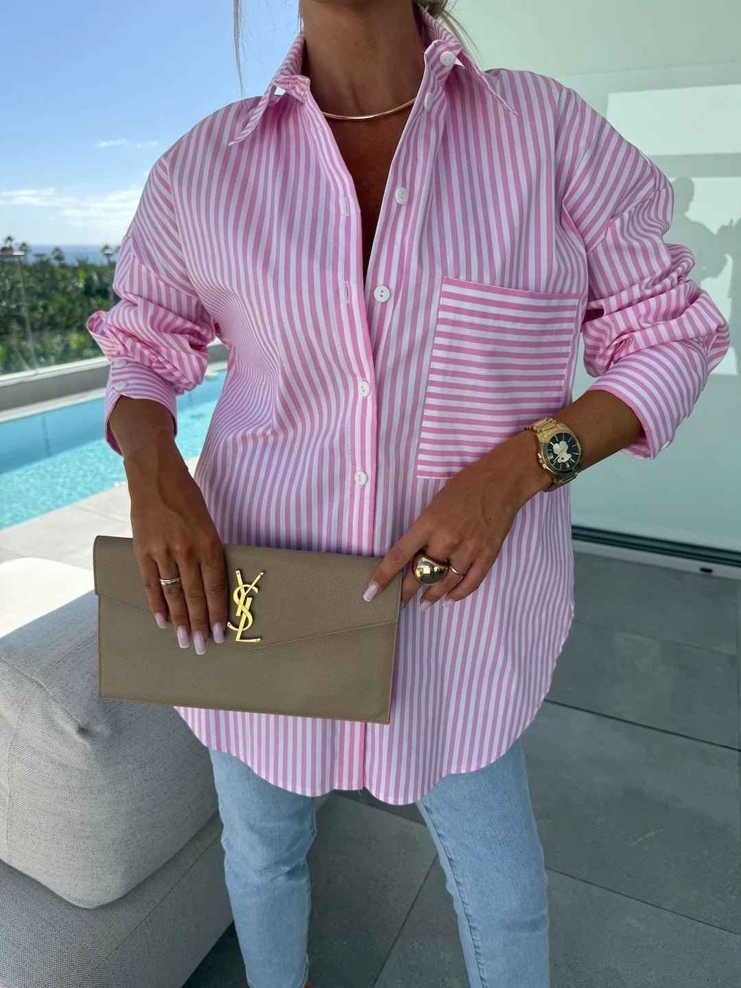 Spring Summer Long Sleeve Lapel Shirt Striped Print Lapel Shirt With Irregular Hem Button Placket Casual Loose Women's Blouses