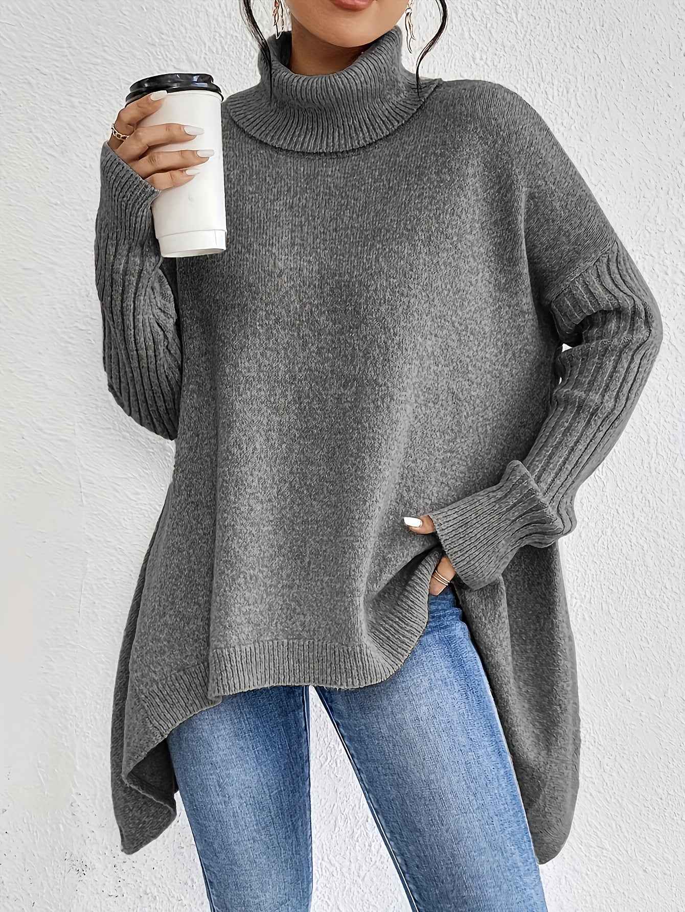 Irregular Turtleneck Sweater Winter Loose Long Sleeve Knitted Tops Leisure Warm Pullover Sweater Women's Clothing - parlezmode.com