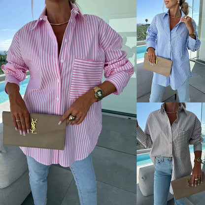 Spring Summer Long Sleeve Lapel Shirt Striped Print Lapel Shirt With Irregular Hem Button Placket Casual Loose Women's Blouses