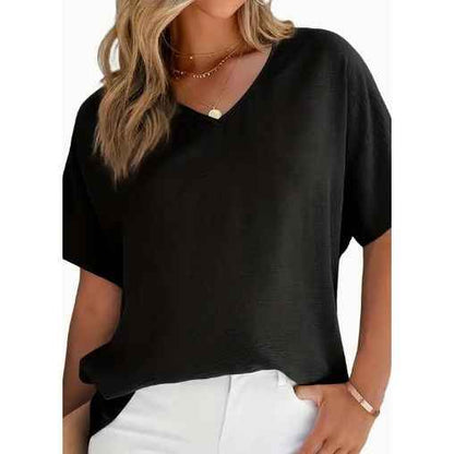 Solid Versatile Blouse, Casual V Neck Short Sleeve Blouse, Women's Clothing - parlezmode.com