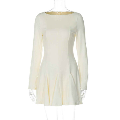 Women's Fashion Bead Round Neck Pleated Slim-fit Waist Back Zipper Dress