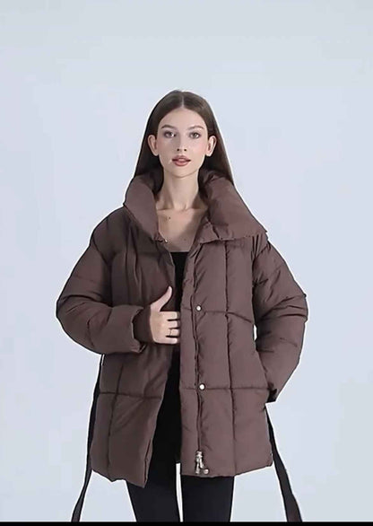 Winter Plaid Sewing Lapel Coat With Lace-up Design Fashion Loose Solid Thick Jacket Outerwear Women's Clothing