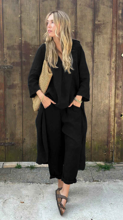 Nivalora® | Ensemble Décontracté Élégant 2 Pièces Col V & Pantalon Large