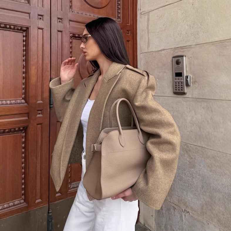 Gray Suit Jacket Women's Woolen Padded Shoulder Suit Jacket - parlezmode.com