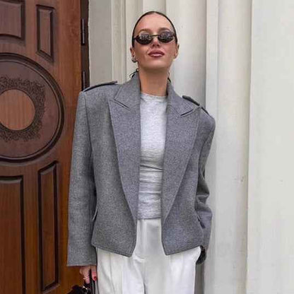 Gray Suit Jacket Women's Woolen Padded Shoulder Suit Jacket - parlezmode.com