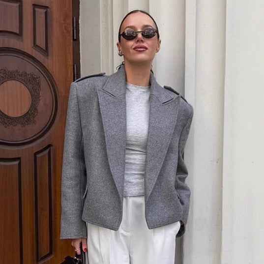 Gray Suit Jacket Women's Woolen Padded Shoulder Suit Jacket - parlezmode.com