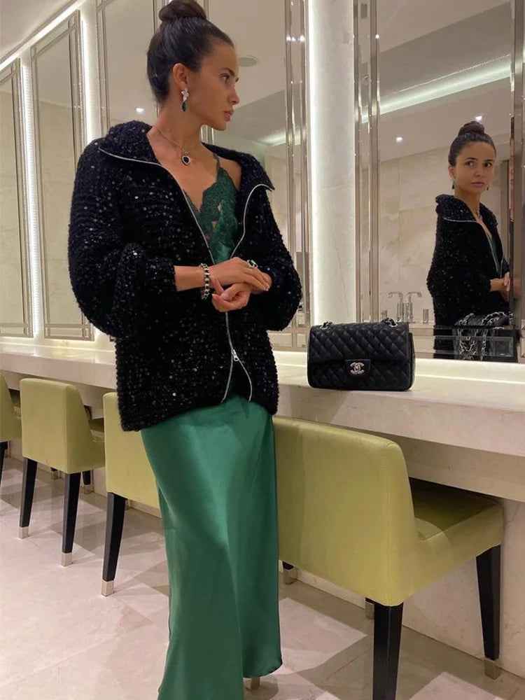 Nova® | Pull Zippé Tricoté à Sequins - parlezmode.com