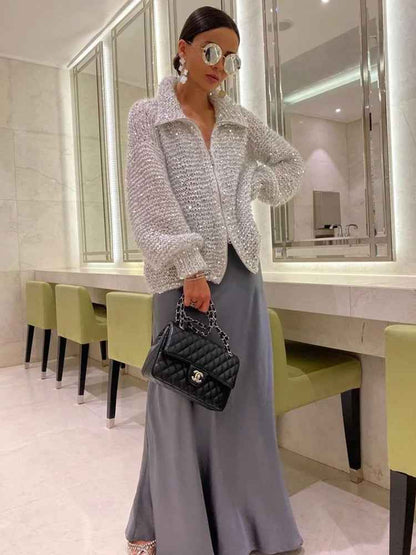 Nova® | Pull Zippé Tricoté à Sequins - parlezmode.com